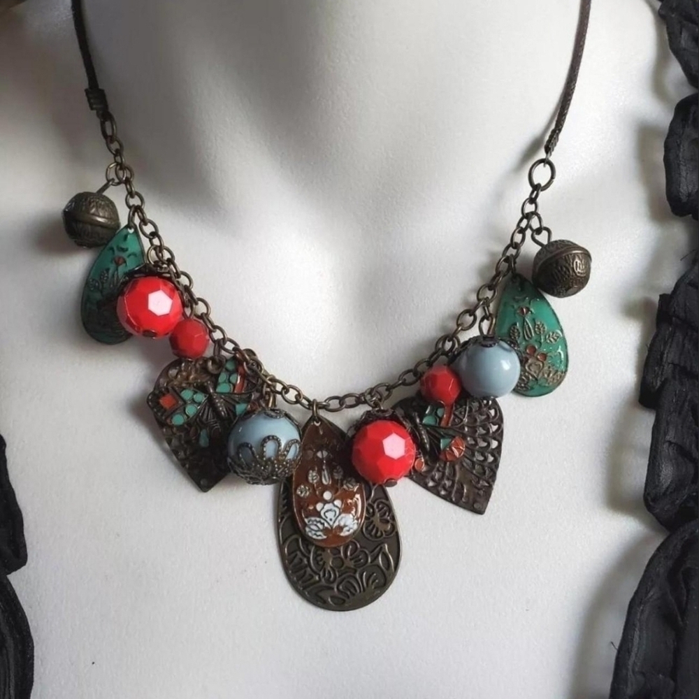 Vintage Enamel Charm Statement Necklace Boho Brass 18" Adjustable